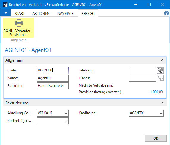 Verkäuferkarte – Aufruf Bericht BONI+ Verkäufer - Provisionen