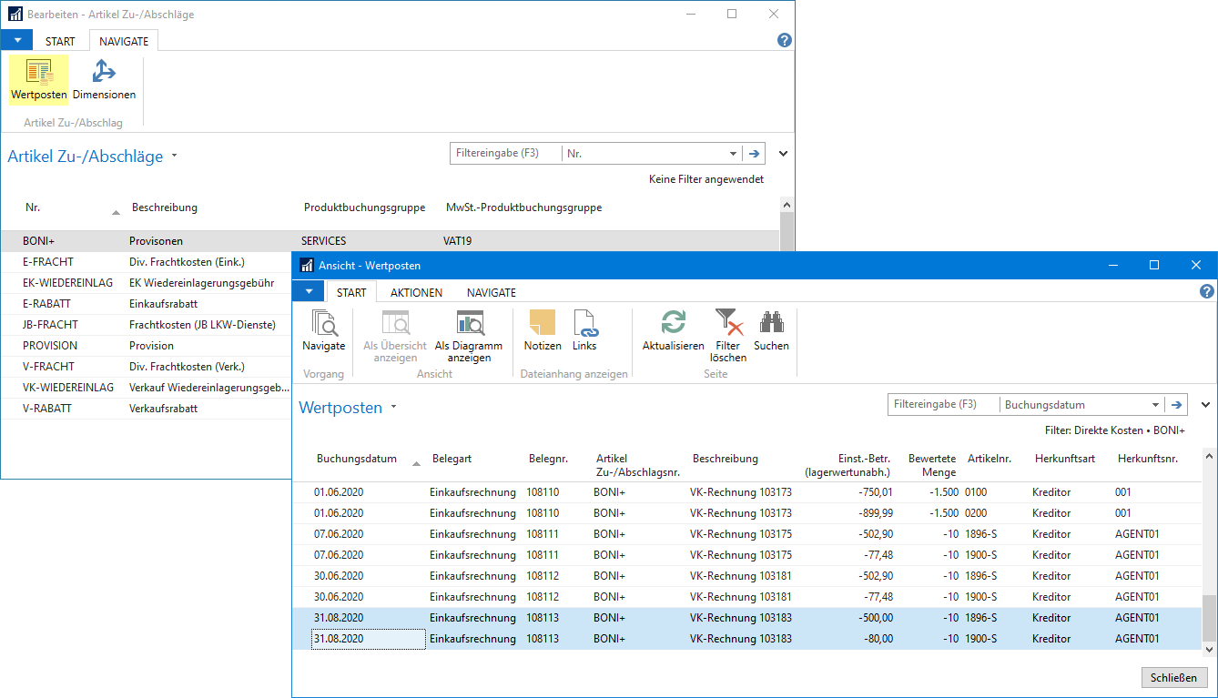 Abbildung 27: Artikel Zu-/Abschläge - Wertposten