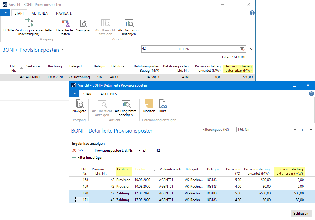 BONI+ Provisionsposten / Det. Provisionsposten Postenart Provision Zahlung