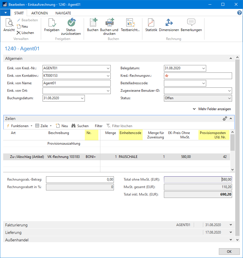 Abfrage zur Anzeige der erstellten Einkaufsrechnungen