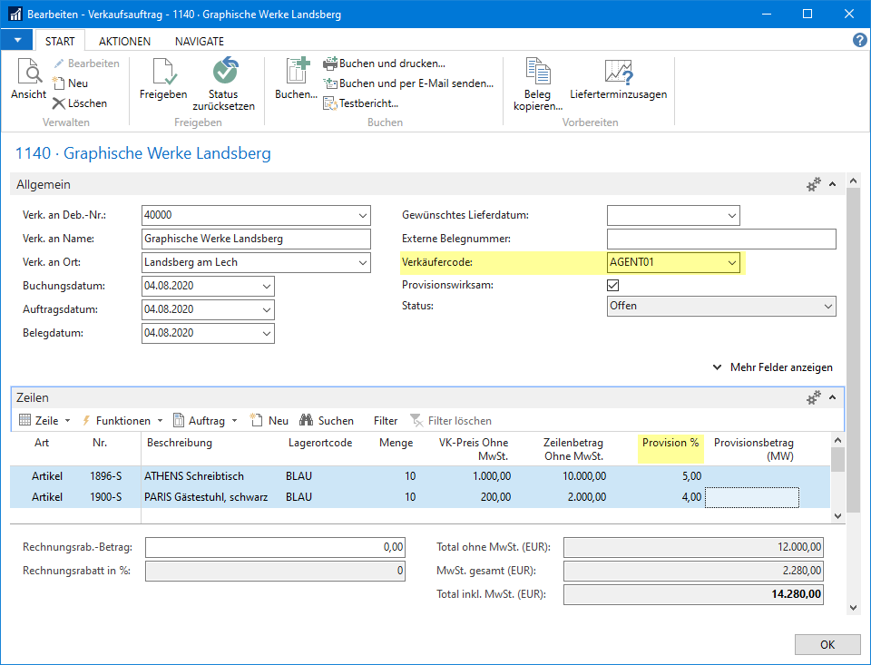 Verkaufsauftrag - Zeilen