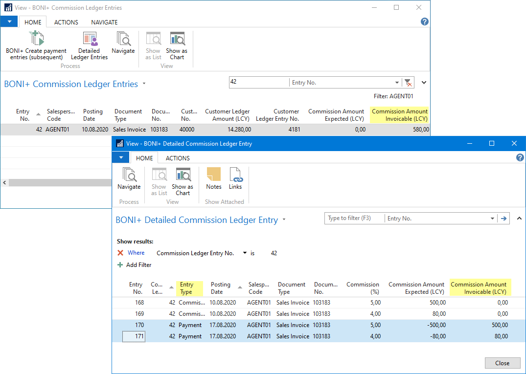 BONI+ Commission item / Det. commission item Item type commission payment