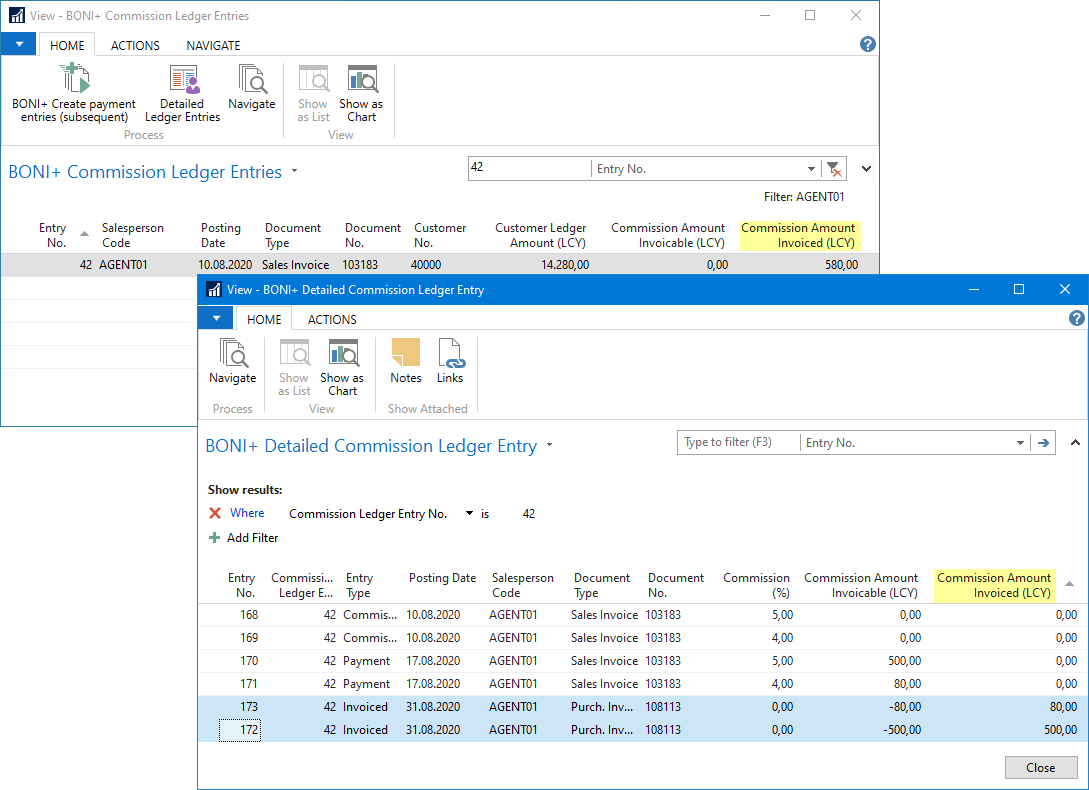 BONI+ commission item / Det. commission item Invoiced item type