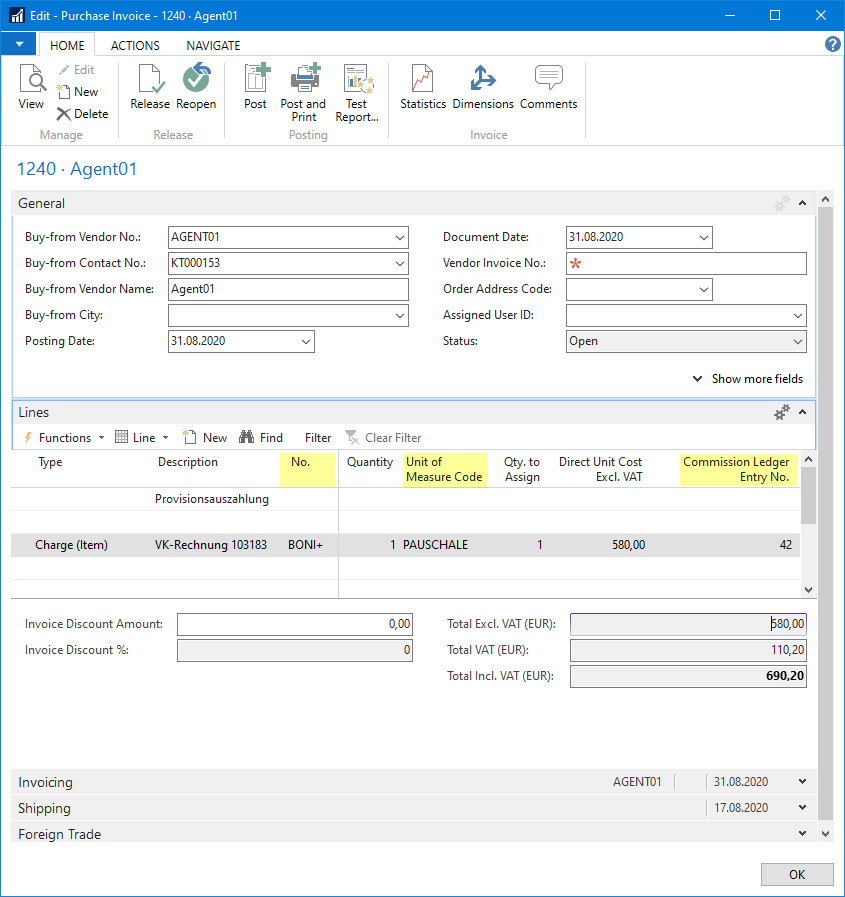 Request to display the created purchase invoices